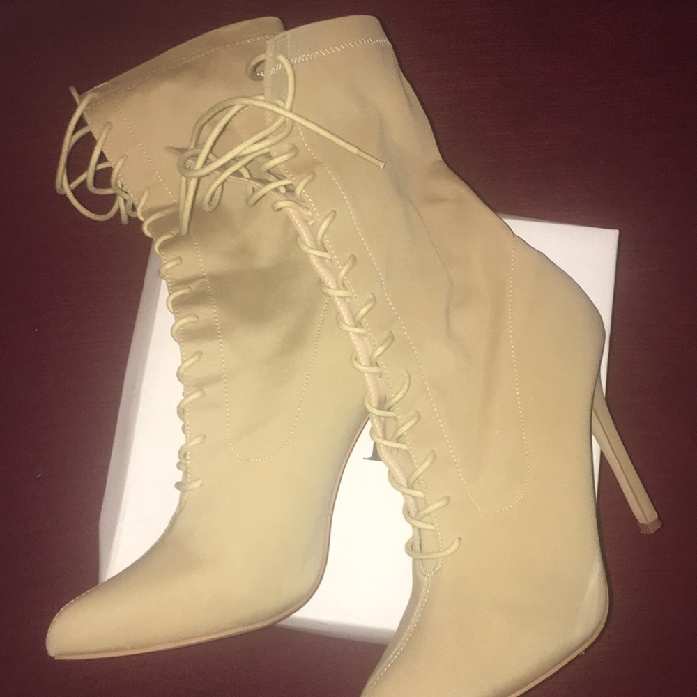 Nude lace up booties